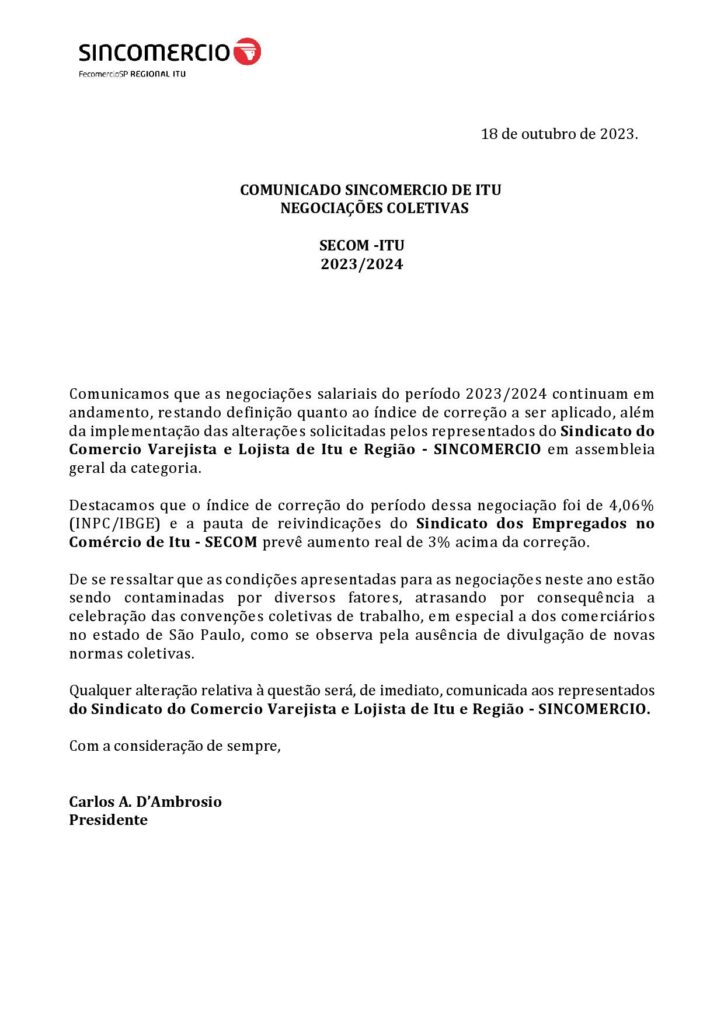 18 10 23 COMUNICADO SINCOMERCIO ITU - SECOM ITU